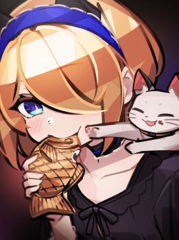 1girl animal animal_on_shoulder aria_(phantom_rose) black_choker black_dress blonde_hair blue_eyes blue_hairband blush cat choker collarbone commentary commentary_request commission dress english_commentary food hair_over_one_eye hairband hand_up highres holding holding_food makaroll phantom_rose pixiv_commission short_hair solo taiyaki upper_body wagashi white_cat