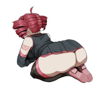 1girl ahoge arm_tattoo ass bare_shoulders black_boots boots breasts character_name_tattoo commentary detached_sleeves drill_hair from_behind grey_shirt grey_skirt grey_sleeves highres huge_ass kasane_teto kasane_teto_(utau) large_breasts ouija_wav pink_hair pink_trim prostration shirt simple_background skirt sleeveless sleeveless_shirt solo symbol-only_commentary tattoo thigh_boots twin_drills utau white_background