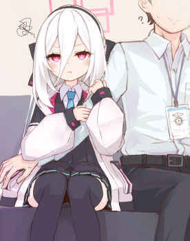 Rule 34 | 1boy, 1girl, :t, ?, arm hug, belt, black belt, black bow, black hairband, black pants, black thighhighs, black vest, blue necktie, blush, bow, collared shirt, commentary request, dot nose, hair between eyes, hairband, halo, highres, jacket, kei (blue archive), kei (new body) (blue archive), lanyard, long hair, long hair between eyes, looking at viewer, necktie, open clothes, open jacket, pants, pink halo, pout, rectangular halo, red eyes, ringed eyes, schale logo, sensei (blue archive), sepia (kilikasumi), shirt, sitting, squiggle, sweatdrop, tearing up, thighhighs, very long hair, vest, white hair, white jacket, white shirt, zettai ryouiki