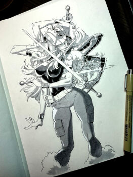 1girl armlet armor art_tools_in_frame breasts commentary covered_erect_nipples english_commentary extra_arms greyscale helmet holding holding_sword holding_weapon japanese_armor jewelry kabuto_(helmet) large_breasts long_hair looking_at_viewer marker_(medium) marvel monochrome no_pupils pants solo spiked_helmet spiral_(marvel) sword thechaseconley traditional_media weapon x-men