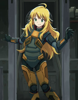 1girl ahoge armor blonde_hair closed_mouth commentary cosplay english_commentary giascle gordon_freeman gordon_freeman_(cosplay) green_eyes half-life_(series) hands_up hev_suit highres hoshii_miki idolmaster idolmaster_(classic) indoors long_hair looking_down smile solo standing