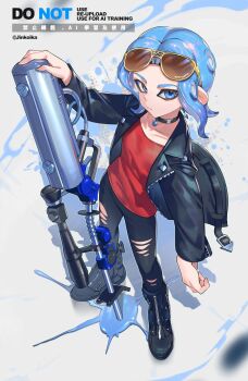 1boy artist_name black_boots black_choker black_jacket black_pants blue_eyes blue_hair blurry blurry_foreground boots choker commentary e-liter_4k_(splatoon) eyewear_on_head full_body highres holding holding_weapon ink jacket jinkoika long_hair looking_at_viewer male_focus nintendo octoling octoling_boy octoling_player_character open_clothes open_jacket paint pants red_shirt shadow shirt solo splatoon_(series) splatoon_3 standing sunglasses tentacle_hair torn_clothes torn_pants twitter_username watermark weapon white_background yellow-framed_eyewear