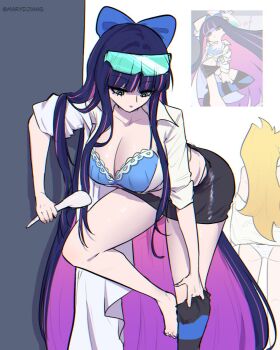 2girls ass blonde_hair blue_bra blunt_bangs bra breasts chibi chibi_inset cleavage colored_inner_hair eyewear_on_head glasses highres huge_breasts large_breasts leaning leaning_forward long_hair marydjiang midriff midriff_peek miniskirt multicolored_hair multiple_girls multiple_views nail_polish panties panty_&amp;_stocking_with_garterbelt panty_(psg) skirt standing standing_on_one_leg stocking_(psg) thick_thighs thighhighs thighs twitter_username unbuttoned underwear very_long_hair white_panties