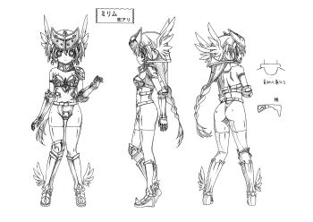 10s 1girl absurdres armor armored_leotard ass boots breasts reference_sheet female_focus full_body helmet highres l10s leotard long_hair mirim monochrome official_art queen&#039;s_blade queen&#039;s_blade_rebellion shield simple_background skindentation solo sword thighhighs thong_leotard weapon white_background winged_helmet