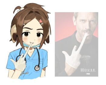 Rule 34 | 1boy, 1girl, animal ears, biting, biting glove, brown eyes, brown hair, dog ears, dog girl, gloves, gregory house, hair intakes, hair ornament, heart, heart hair ornament, house m.d., indie virtual youtuber, medical scrubs, mole, mole on cheek, mota (motaberrie), motaberrie (vtuber), parted bangs, photo-referenced, photo inset, rubber gloves, stethoscope
