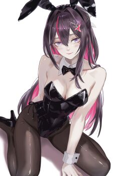 Rule 34 | 1girl, absurdres, animal ear hairband, animal ears, azki (hololive), black bow, black bowtie, black hair, black leotard, black pantyhose, black shoes, bow, bowtie, breasts, cleavage, colored inner hair, commentary request, covered navel, detached collar, dhbwinner, fake animal ears, hair intakes, hairband, half updo, high heels, highleg, highleg leotard, highres, hololive, leotard, long hair, looking at viewer, medium breasts, mole, mole under eye, multicolored hair, pantyhose, pink hair, playboy bunny, purple eyes, rabbit ear hairband, rabbit ears, revision, shoes, simple background, sitting, solo, strapless, strapless leotard, streaked hair, traditional bowtie, very long hair, virtual youtuber, white background, white hair, white wrist cuffs, wrist cuffs