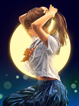 1girl a.x. absurdres arms_behind_head arms_up artist_name blue_skirt blurry bokeh brown_hair closed_eyes commentary dated depth_of_field full_moon hair_tie_in_mouth highres long_hair moon mouth_hold original pleated_skirt ponytail profile school_uniform serafuku skirt solo tying_hair
