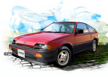 Rule 34 | 2025, abstract background, artist name, car, cobblestone, commentary request, copyright notice, dated, honda, honda cr-x, license plate, logo, motor vehicle, nimbus goldbrum, no humans, original, product placement, realistic, red car, right-hand drive, shadow, simple background, sports car, steering wheel, vehicle focus, watermark, white background