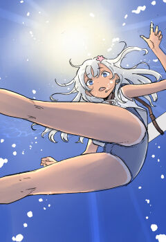 1girl blue_eyes blue_one-piece_swimsuit commentary_request crop_top dark-skinned_female dark_skin feet_out_of_frame flower grey_hair hair_flower hair_ornament highres kantai_collection looking_at_viewer one-piece_swimsuit one-piece_tan onigunsow ro-500_(kancolle) school_swimsuit shirt sleeveless sleeveless_shirt solo swimsuit swimsuit_under_clothes tan tanline torpedo underwater white_shirt