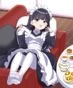 1girl alternate_costume amagami apron ayatsuji_tsukasa black_dress black_eyes black_hair blunt_bangs cake collared_dress commentary_request couch cup dress enmaided feilong_(rong0102) food frilled_apron frills full_body highres holding holding_own_hair indoors long_hair long_sleeves looking_at_viewer lying maid maid_apron maid_headdress no_shoes on_back on_couch open_mouth pantyhose smile solo straight_hair table tea teacup teapot white_apron white_pantyhose