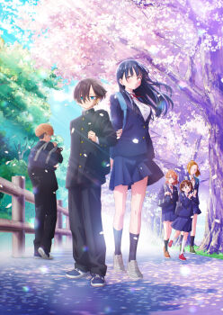 2boys 4girls absurdres ankle_socks artist_request bag black_hair blazer blonde_hair blue_eyes blue_jacket blue_skirt blue_socks blush boku_no_kokoro_no_yabai_yatsu brown_hair censored cherry_blossoms closed_mouth falling_petals fence foreshortening full_body gakuran highres ichikawa_kyoutarou jacket key_visual kobayashi_chihiro_(bokuyaba) long_hair long_sleeves multicolored_hair multiple_boys multiple_girls nanjou_haruya neck_ribbon official_art open_mouth outdoors petals pleated_skirt promotional_art red_ribbon ribbon road school_bag school_uniform sekine_moeko shirt shoes short_hair skirt socks standing summer tree two-tone_hair walking white_shirt white_socks winter_uniform wooden_fence yamada_anna yoshida_serina