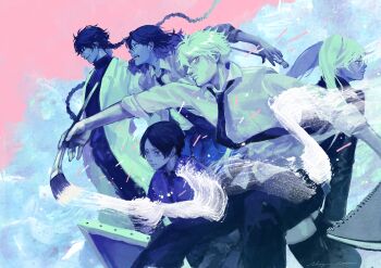 1girl 1other 3boys absurdres ayukawa_ryuuji black_hair black_pants blue_period blue_theme braid hashida_haruka highres holding holding_paintbrush itou_shizu kuwana_maki long_hair multicolored_hair multiple_boys necktie paint paintbrush painting pants pink_background shirt short_hair smile standing takahashi_yotasuke twin_braids two-tone_hair very_long_hair white_shirt yaguchi_yatora