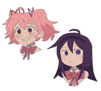 2girls absurdres ahoge akemi_homura black_hair black_hairband blush bow bowtie closed_mouth commentary english_commentary hair_ribbon hairband high_collar highres jaywuzhere kaname_madoka long_hair looking_at_viewer mahou_shoujo_madoka_magica multiple_girls parted_lips pink_hair portrait purple_eyes purple_ribbon red_bow red_bowtie ribbon short_hair simple_background teeth white_background