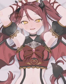 Rule 34 | 1girl, absurdres, armpits, arms up, bed sheet, black choker, blush, bow, bowtie, breasts, breath, choker, commentary request, demon girl, demon horns, demon tail, demon wings, detached sleeves, fake horns, flower, flower hairband, hairband, heart, heart-shaped pupils, highres, horn hairband, horns, long hair, looking at viewer, love live!, love live! sunshine!!, lying, midriff, o to mo, on back, on bed, open mouth, pink flower, pink rose, puffy detached sleeves, puffy sleeves, red bow, red bowtie, red flower, red hair, red rose, ribbon, rose, sakurauchi riko, smile, solo, sweat, symbol-shaped pupils, tail, twintails, upper body, wings, wrist ribbon, yellow eyes