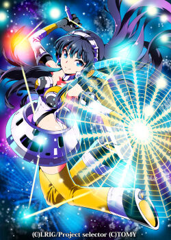 1girl bikini black_bikini black_gloves black_hair blue_eyes boots breasts closed_mouth commentary_request elbow_gloves gloves highres holding holding_shield holding_sword holding_weapon ichizen_(o_tori) long_hair looking_at_viewer medium_breasts official_art shield skirt sky smile solo space star_(sky) starry_sky swimsuit sword weapon white_skirt wixoss yellow_boots
