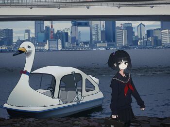 1girl amemori_sayo amemori_sayo_(1st_costume) black_hair black_sailor_collar black_serafuku black_shirt black_skirt bridge briefcase commentary expressionless highres long_sleeves looking_at_viewer neckerchief nijisanji nkymyura one_side_up outdoors red_neckerchief sailor_collar school_briefcase school_uniform serafuku shirt short_hair skirt solo swan_boat virtual_youtuber wide_shot