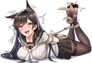 Rule 34 | 1girl, absurdres, animal ear fluff, atago (azur lane), azur lane, bdsm, black hair, black sailor collar, black skirt, blush, bondage, bound, bound ankles, bound arms, bound wrists, breasts, brown hair, brown pantyhose, chieftain art13, commentary, commission, crying, crying with eyes open, english commentary, feathers, feet, feet up, full body, gradient hair, highres, hogtie, large breasts, legs, long hair, long sleeves, looking at viewer, lying, miniskirt, mole, mole under eye, motion lines, multicolored hair, no shoes, on stomach, open mouth, pantyhose, sailor collar, shibari, shirt, simple background, skirt, soles, solo, swept bangs, tears, the pose, thighband pantyhose, thighs, tickling, tickling feet, toes, twitter username, very long hair, white background, white shirt, yellow eyes