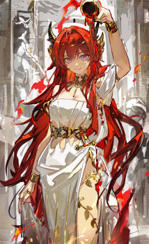 Rule 34 | 1girl, absurdres, ambience synesthesia, arknights, arm up, black horns, bracelet, breasts, chinese commentary, closed mouth, commentary request, cowboy shot, cup, dress, drinking glass, gold bracelet, hair intakes, highres, holding, holding cup, horns, jewelry, long hair, looking at viewer, medium breasts, mento, purple eyes, red hair, revision, smile, solo, spilling, standing, surtr (arknights), surtr (prelude to transcendence) (arknights), very long hair, white dress