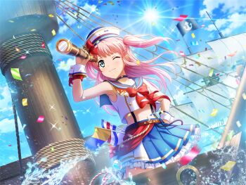 Rule 34 | 1girl, binoculars, blue eyes, blue sailor collar, blue skirt, blue sky, bow, bowtie, closed mouth, confetti, day, flag, floating hair, game cg, hand on own hip, hat, holding, holding binoculars, long hair, navel, nonomiya lalafin, official art, one eye closed, pink hair, pleated skirt, red bow, red bowtie, sail, sailor collar, sailor hat, shirt, shoujo kageki revue starlight, shoujo kageki revue starlight -re live-, skirt, sky, solo, standing, stomach, sunlight, suspenders, two side up, upper body, water, white hat, white shirt, wrist cuffs