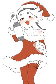 1girl black_hair blush bottle christmas cropped_legs cup dress drinking_glass fur_trim garter_straps half-closed_eyes hat highres holding holding_bottle holding_cup long_hair long_sleeves mirinebeb nintendo off-shoulder_dress off_shoulder open_mouth pointy_ears red_dress red_eyes red_hat red_thighhighs santa_costume santa_dress santa_hat shiver_(splatoon) simple_background smile solo splatoon_(series) splatoon_3 teeth tentacle_hair thighhighs white_background