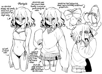 1girl baggy_clothes bags_under_eyes bikini black_panties bow bowtie bra breasts camisole dizzyspells english_text garter_straps gloom_(expression) highres looking_at_viewer medium_hair mojyo monochrome original panties reference_sheet side-tie_bikini_bottom side-tie_panties skinny skirt sleeves_past_wrists small_breasts sweater swimsuit thighhighs training_bra underwear unkempt wavy_hair wavy_mouth