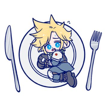 105zz 1boy armor black_boots black_gloves blonde_hair blue_eyes blue_pants blue_shirt boots bound bound_legs bound_wrists chibi chibi_only cloud_strife crisis_core:_final_fantasy_vii earrings final_fantasy final_fantasy_vii flying_sweatdrops fork gloves jewelry kitchen_knife knee_pads knife male_focus open_mouth pants pauldrons plate rope shinra_infantry_uniform shirt short_hair shoulder_armor single_earring solo spiked_hair sweatdrop white_background