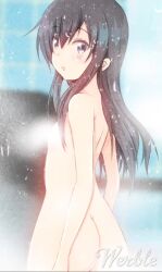 1girl animated asashio_(kancolle) ass back black_hair blue_eyes blurry blurry_background blush breasts censored censored_nipples completely_nude convenient_censoring female_focus flat_chest from_behind hair_between_eyes highres indoors interior kantai_collection loli long_hair looking_at_viewer nude open_mouth small_breasts solo standing steam steam_censor tamayan video wet
