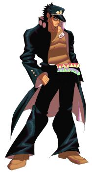1boy absurdres belt black_eyes black_hair coat earrings full_body h43md hand_in_pocket hat head_down highres jewelry jojo_no_kimyou_na_bouken kuujou_joutarou long_sleeves looking_ahead male_focus multiple_belts open_clothes open_coat popped_collar shaded_face short_hair solo stardust_crusaders stud_earrings