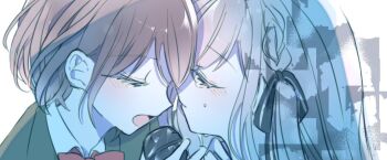 2girls bang_dream! bang_dream!_it&#039;s_mygo!!!!! black_ribbon blue_hair blush bow bowtie closed_eyes closed_mouth collared_shirt commentary green_jacket grey_hair hair_ribbon haneoka_school_uniform hazu_(aliceth) holding holding_microphone jacket microphone multiple_girls music open_mouth red_bow red_bowtie ribbon school_uniform shirt short_hair singing symbol-only_commentary takamatsu_tomori tears togawa_sakiko two_side_up white_shirt yuri