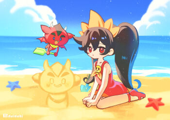 1boy 1girl ashley_(warioware) beach big_hair black_hair brooch d_omm demon dress hairband jewelry long_hair looking_at_viewer nintendo orange_hairband red_(warioware) red_dress red_eyes skull skull_brooch skull_ornament solo twintails very_long_hair warioware warioware:_move_it!