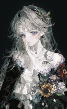 1girl absurdres bare_shoulders beryl_bouanich black_cloak blue_background chuanchuan_suuuu cloak crescent crescent_earrings crystal_earrings dragonfly_hair_ornament earrings floating_earrings flower grey_hair hand_on_own_cheek hand_on_own_face hand_up highres jewelry long_hair mismatched_earrings purple_eyes red_flower reverse:1999 solo upper_body white_flower yellow_flower