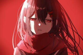 Rule 34 | 1girl, black shirt, brown hair, commentary, enpera, hair between eyes, hair ornament, hairclip, highres, kagerou project, limited palette, long hair, looking at viewer, lower teeth only, parted lips, portrait, red eyes, red scarf, red theme, saikisaika, scarf, school uniform, serafuku, shirt, sidelighting, simple background, solo, tateyama ayano, teeth, vignetting