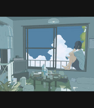 1girl alarm_clock arm_on_knee barefoot black_hair blue_sky bob_cut book bottle bowl can chinese_commentary clock clothes_hanger cloud commentary controller cup day drink_can from_side futon glass grey_shirt grey_shorts hand_up hanging_light highres holding holding_cup indoors knees_up lamp letterboxed limited_palette ma_(mamamauuuuu) messy_room on_windowsill open_window original pile_of_books pillow pitcher_(container) remote_control shadow shirt short_hair short_sleeves shorts sitting sky slice_of_life solo table television unworn_shirt videocassette videocassette_recorder water wide_shot wind_chime window windowsill