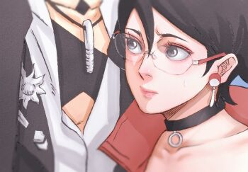 1boy 1girl black_choker black_eyes black_hair black_jacket boruto:_naruto_next_generations boruto:_two_blue_vortex choker collarbone commentary drawink earrings glasses height_difference highres jacket jewelry naruto_(series) necklace pin pink_lips rimless_eyewear sweatdrop uchiha_sarada uchiha_symbol uzumaki_boruto