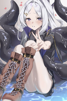 1girl ahoge ass asupa_mayo0210 black_skirt blue_archive demon_girl demon_horns heart highres hina_(blue_archive) horns long_hair looking_at_viewer ocean purple_eyes sitting skirt solo very_long_hair white_hair