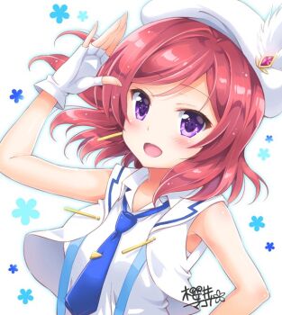 1girl :d artist_name bad_id bad_twitter_id beret blue_necktie blush feathers female_focus fingerless_gloves floral_background gloves hat hat_feather light_blush looking_at_viewer love_live! love_live!_school_idol_festival love_live!_school_idol_project medium_hair necktie nishikino_maki open_mouth purple_eyes red_hair sakurai_makoto_(custom_size) salute shirt signature sleeveless sleeveless_shirt smile solo suspenders tie_clip upper_body vest white_feathers white_gloves white_hat white_shirt white_vest