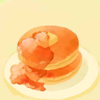 butter commentary_request fmtxpicx6b2zdw food food_focus maple_syrup no_humans original pancake pancake_stack plate syrup yellow_background