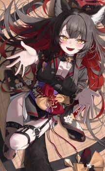 1girl absurdres animal_ear_fluff animal_ears black_hair black_kimono blue_archive blush breasts cleavage colored_inner_hair commentary fangs fishnet_thighhighs fishnets floral_print floral_print_kimono fox_ears fox_girl fox_tail grey_sailor_collar halo highres japanese_clothes kimono looking_at_viewer lying multicolored_hair obi on_back open_mouth print_kimono purple_sash reaching reaching_towards_viewer red_hair red_halo sailor_collar sash side_slit single_thighhigh solo tail thigh_strap thighhighs two-tone_hair ubeuna wakamo_(blue_archive) yellow_eyes