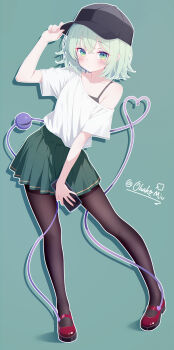 1girl absurdres alternate_costume baseball_cap black_camisole black_hat black_pantyhose blush camisole casual cellphone chinese_commentary closed_mouth commentary_request crossed_bangs drop_shadow eyelashes full_body green_background green_eyes green_hair green_skirt hair_between_eyes hand_on_headwear hand_up hat heart heart_of_string highres holding holding_phone komeiji_koishi looking_at_viewer mary_janes medium_hair miniskirt ohako_miyu outline pantyhose phone pleated_skirt red_shoes shirt shoes short_sleeves single_bare_shoulder single_off_shoulder skirt smartphone solo standing subterranean_animism third_eye touhou twitter_username white_outline white_shirt