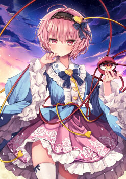 Rule 34 | 1girl, absurdres, black hairband, blue bow, blue bowtie, blue shirt, bow, bowtie, buttons, closed mouth, collared shirt, commentary request, embellished costume, eyeball, eyes visible through hair, floral print, frilled shirt collar, frilled skirt, frilled sleeves, frills, hair between eyes, hair ornament, hairband, heart, heart button, heart hair ornament, heart hairband, highres, kasane (cynthia), komeiji satori, light blush, long sleeves, looking at viewer, outdoors, pink eyes, pink hair, pink skirt, print skirt, rose print, shirt, short hair, skirt, sky, thighhighs, third eye, touhou, white thighhighs, wide sleeves