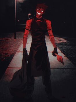 1boy absurdres alastor_(hazbin_hotel) alastor_(human)_(hazbin_hotel) apron black_apron blood cleaver evil_grin evil_smile grin hazbin_hotel hellaverse highres holding holding_cleaver horror_(theme) looking_at_viewer male_focus outdoors red_eyes scp-3232-1 smile trash_bag