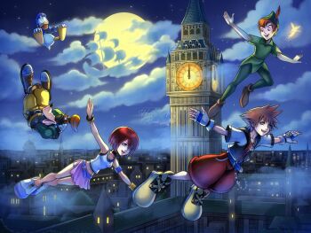 2girls 4boys artist_name blue_eyes brown_hair closed_eyes cloud commentary disney dog_boy donald_duck duck_boy elizabeth_tower english_commentary fairy flying full_moon furry furry_male goofy green_hat hat highres hollypolllyy kairi_(kingdom_hearts) kingdom_hearts kingdom_hearts_i mini_person minigirl moon multiple_boys multiple_girls night night_sky nomura_tetsuya_(style) orange_hair outdoors pants red_hair red_pants ship shoes short_sleeves signature size_difference sky sora_(kingdom_hearts) tinker_bell_(disney) walt_disney&#039;s_peter_pan watercraft yellow_pants yellow_shoes