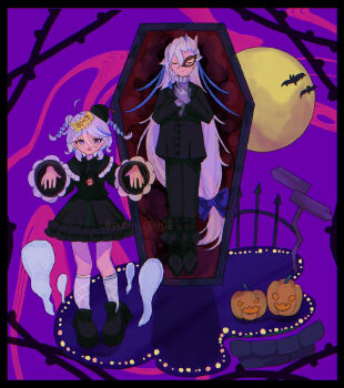 bat_(animal) coffin furina_(genshin_impact) genshin_impact halloween halloween_costume hat highres jack-o&#039;-lantern jiangshi jiangshi_costume moon neuvillette_(genshin_impact) ofuda ofuda_on_head outstretched_arms vampire zombie_pose
