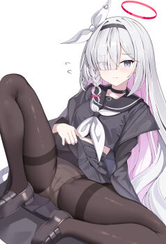1girl absurdres black_choker black_pantyhose black_serafuku black_shoes black_skirt blue_archive breasts choker closed_mouth commentary eyes_visible_through_hair grey_hair hair_over_one_eye halo highres loafers long_hair looking_at_viewer multicolored_hair panties panties_under_pantyhose pantyhose pink_hair plana_(blue_archive) pleated_skirt red_halo school_uniform serafuku shoes sitting skirt small_breasts sob_(submar1089) two-tone_hair underwear white_panties