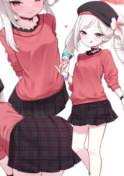 1girl alternate_costume black_skirt blue_archive flower food hair_flower hair_ornament halo hat highres holding ice_cream loli looking_at_viewer multiple_views mutsuki_(blue_archive) paid_reward_available red_halo shokupan_(slvk12) side_ponytail skirt smile sweater tongue tongue_out
