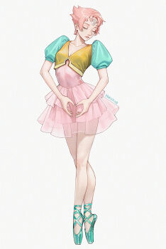 1girl adelheid_(moschiola) ballerina ballet_slippers bras_bas breasts dress forehead_jewel gem gem_(steven_universe) highres homeworld_gem_uniform official_alternate_costume pearl_(original_form)_(steven_universe) pearl_(species)_(steven_universe) pearl_(steven_universe) pink_hair puffy_short_sleeves puffy_sleeves short_hair short_sleeves solo steven_universe