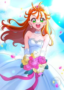 Rule 34 | 1girl, alternate costume, bare shoulders, blush, breasts, bridal veil, cleavage, collarbone, commentary request, dress, earrings, elbow gloves, floating hair, flower, gloves, green eyes, hair between eyes, hair ornament, highres, jewelry, long hair, looking at viewer, medium breasts, momotarouooi, natsuumi manatsu, open mouth, orange hair, outdoors, petals, pink flower, pink petals, precure, smile, solo, teeth, tropical-rouge! precure, upper teeth only, veil, watermark, wedding dress, white dress, white tiara, yellow flower