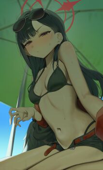 1girl absurdres beach_umbrella belt bikini bikini_bottom_under_shorts bikini_under_clothes black_bikini black_hair black_jacket black_shorts black_wings blue_archive blue_eyes blue_sky blush breasts commentary day eyewear_on_head feathered_wings from_below half-closed_eyes halo highres ichika_(blue_archive) ichika_(swimsuit)_(blue_archive) jacket jacket_partially_removed long_hair looking_at_viewer low_wings navel o-ring o-ring_bikini official_alternate_costume open_clothes open_shorts reaching reaching_towards_viewer red_belt red_halo shorts sitting sky solo stomach sunglasses sweat sweatdrop swimsuit syhan umbrella unusually_open_eyes wariza wings