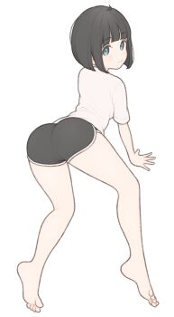 1girl 1ssakawaguchi absurdres ahoge ass barefoot black_shorts bob_cut brown_hair closed_mouth dolphin_shorts from_behind full_body grey_eyes highres ichika_(1ssakawaguchi) kneepits legs looking_at_viewer looking_back original shirt short_hair short_shorts shorts simple_background smile soles solo t-shirt thighs toes white_background white_shirt
