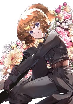 1girl absurdres baby's-breath belt belt_buckle black_gloves blonde_hair breast_pocket buckle coat collar_tabs commentary curly_hair english_commentary floral_background flower flower_request fluffy_hair gerbera gloves grey_coat grey_jacket grey_pants hand_on_own_arm high_ponytail highres hypericum_berry jacket leaning_forward leather_belt pants pink_flower pocket ponytail purple_eyes rose short_hair shoulder_boards smile soldier solo sunflower tanya_degurechaff tanya_degurechaff_(manga) thick_eyelashes toujou_chika white_flower yellow_flower yellow_rose youjo_senki